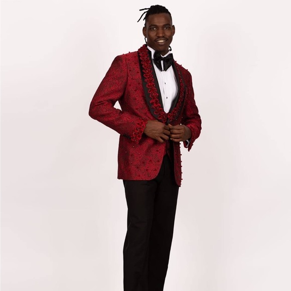 Men’s Red Stone Embroidered Tuxedo - Picture 13 of 13